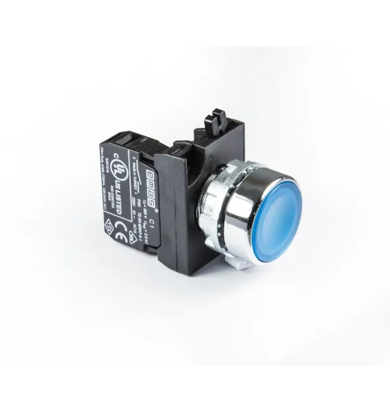 Emas CM Seriyası Metal 1NO Yaylı Düz Mavi 22 mm Buton — CM100DM