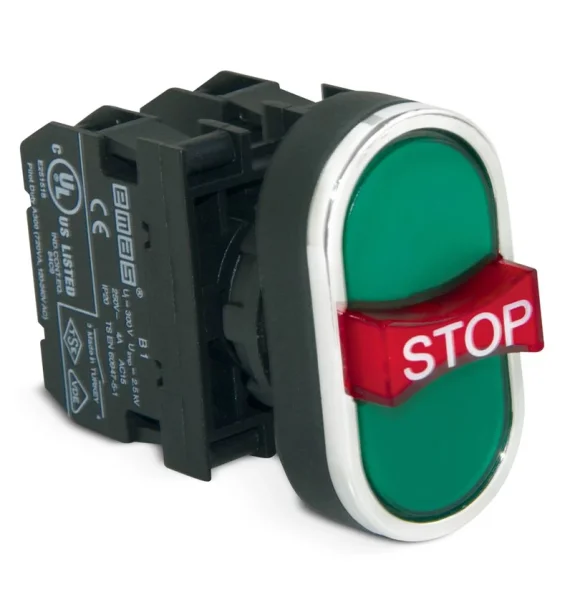 Emas B Seriyası Plastik Üçlü 1NO+1NC+1NO 1 Çıkık Stop Yeşil-Yeşil 22 mm Buton — B121B30YY